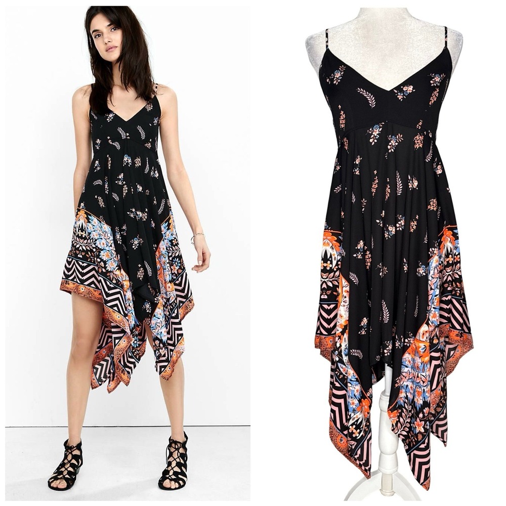 Express Small Black Asymmetrical Spaghetti-Strap Dress Floral Smocked Swing